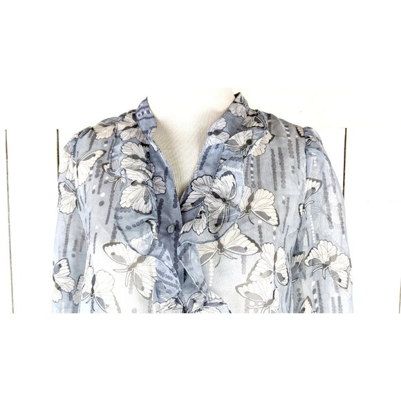 Blue white butterfly sheer billowy ruffle long sleeve blouse - Picture 4 of 5